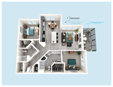 Floor plan for 2 beds, 2 baths, 1166 sqft